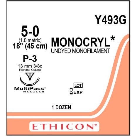 Monocryl suture 5/0 undyed with 3/8 circle needle (45 cm)