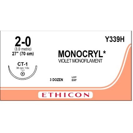 Monocryl suture 2/0 with 1/2 circle needle (70 cm)