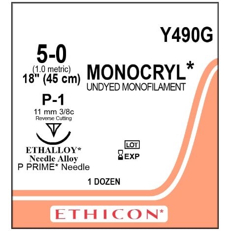 Monocryl suture 5/0 undyed with 3/8 circle needle (45 cm)