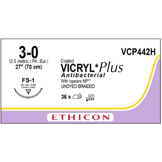 Vicryl Plus coated suture 3/0 undyed 3/8 circle needle (70 cm)