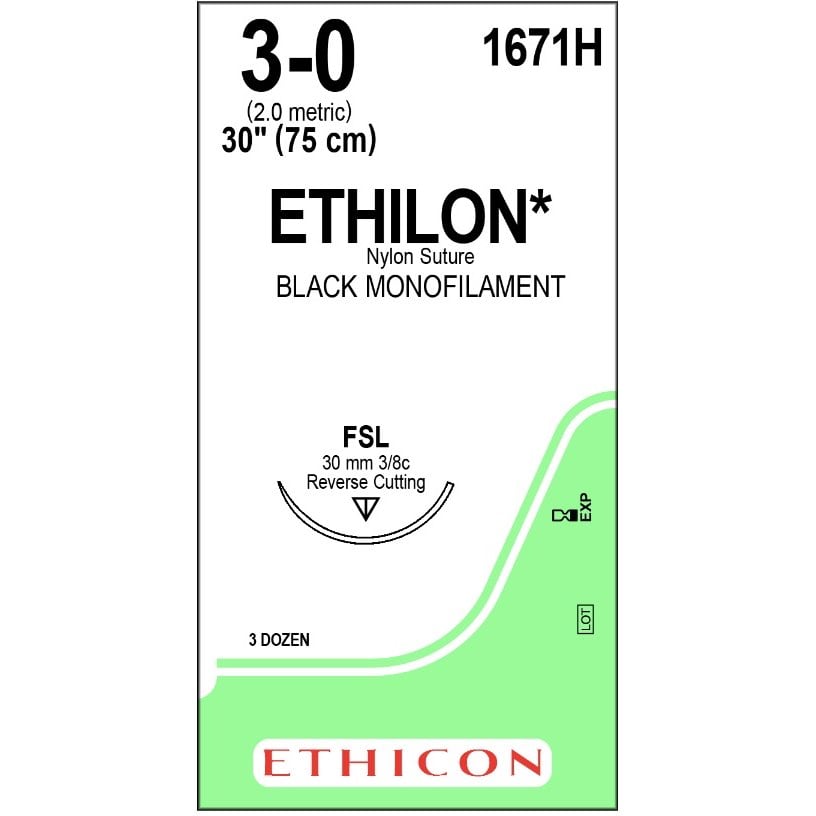 Ethilon suture 3/0 with 3/8 circle needle (30 in)
