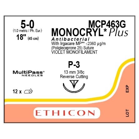 Monocryl Plus suture 5/0 dyed 3/8 circle needle (45 cm)