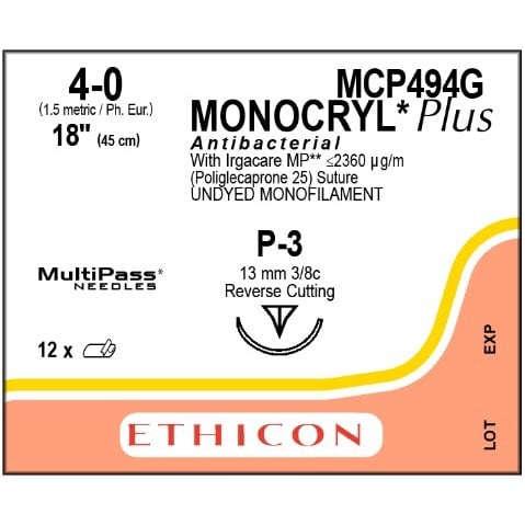 Monocryl Plus suture 4/0 undyed 3/8 circle needle (45 cm)