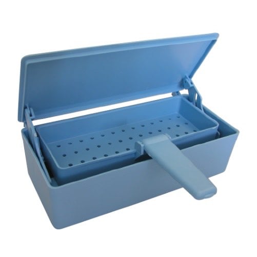 Sterilization cold soaking tray with handled drain basket