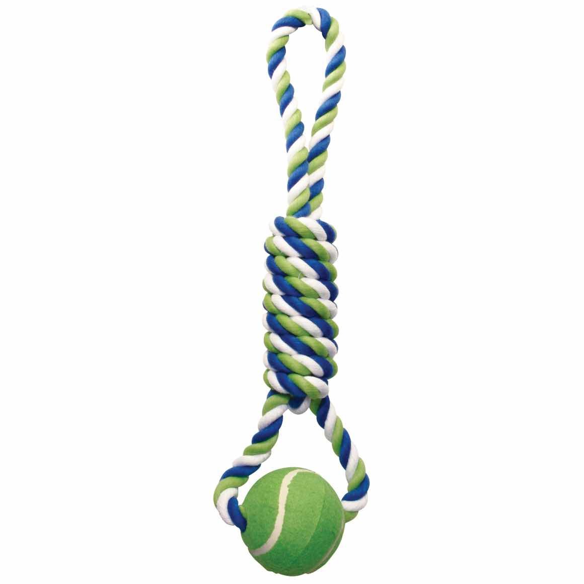 Knotted rope spiral tug with tennis ball dog toy