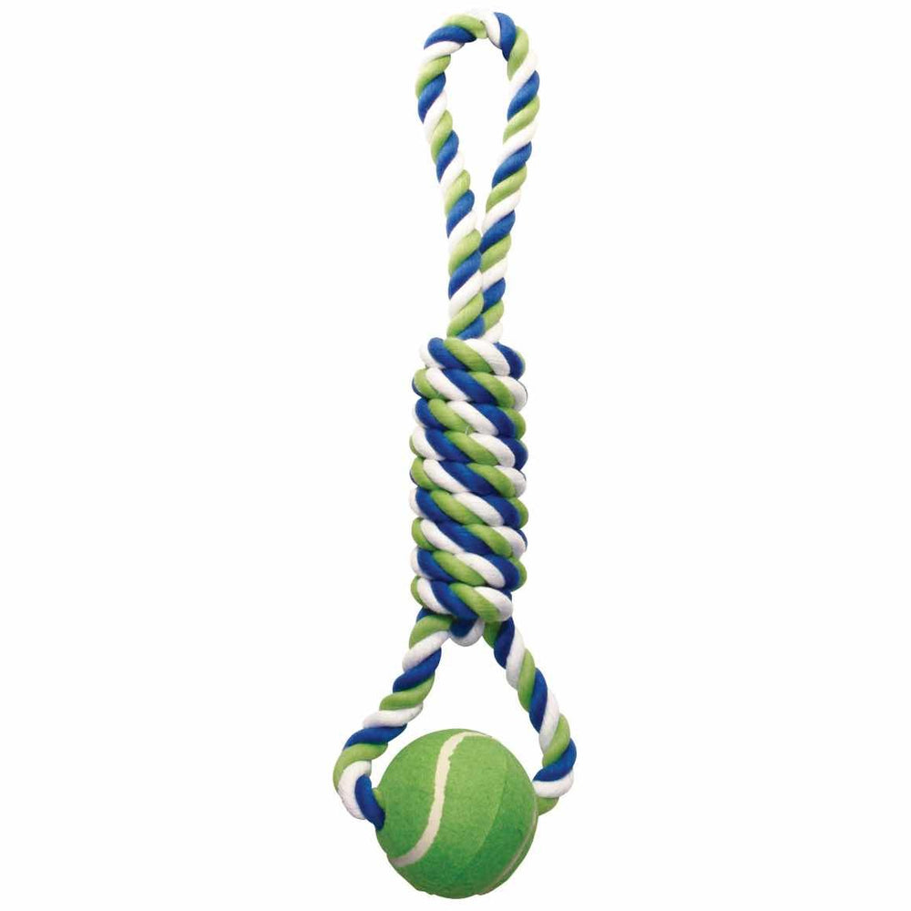 Knotted rope spiral tug with tennis ball dog toy