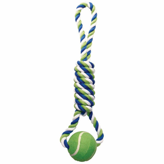 Knotted rope spiral tug with tennis ball dog toy