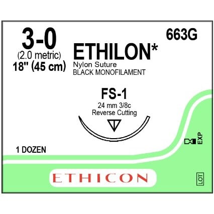 Ethilon suture 3/0 with 3/8 circle needle (18 in)