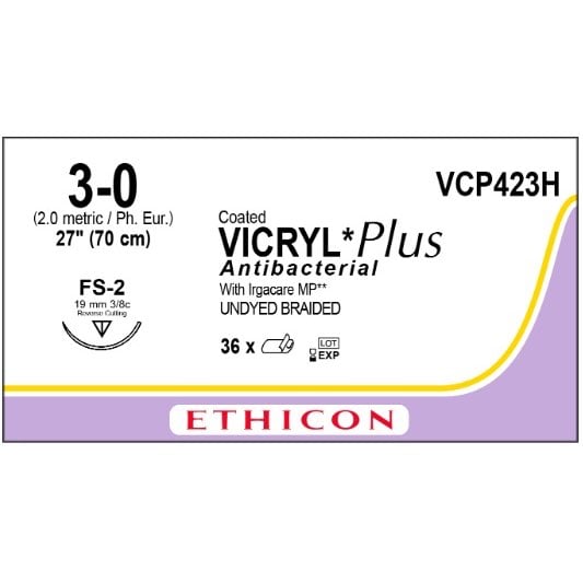 Vicryl Plus coated suture 3/0 undyed 3/8 circle needle (70 cm)