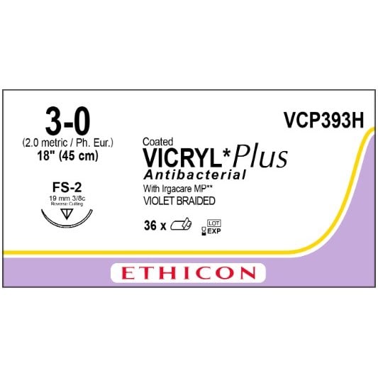 Vicryl Plus coated suture 3/0 dyed 3/8 circle needle (45 cm)