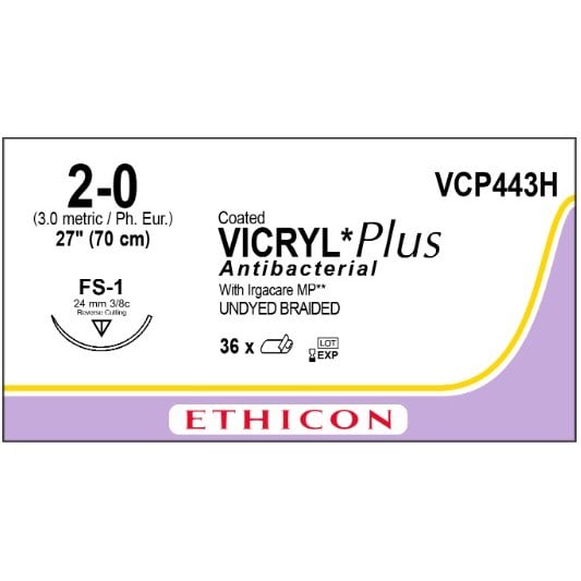 Vicryl Plus coated suture 2/0 undyed with 3/8 circle needle (70 cm)
