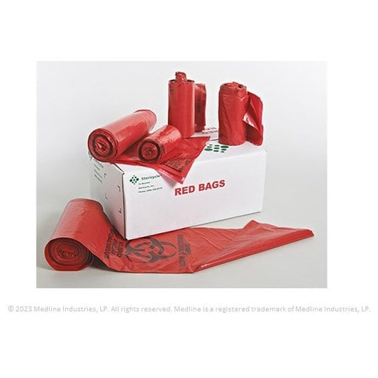 Medical red waste bag with biohazard logo