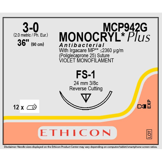 Monocryl Plus suture dyed 3/0 with 3/8 circle needle (90 cm)