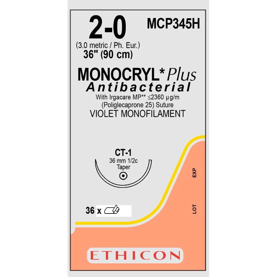 Monocryl Plus suture dyed 2/0 with 1/2 circle needle (90 cm)