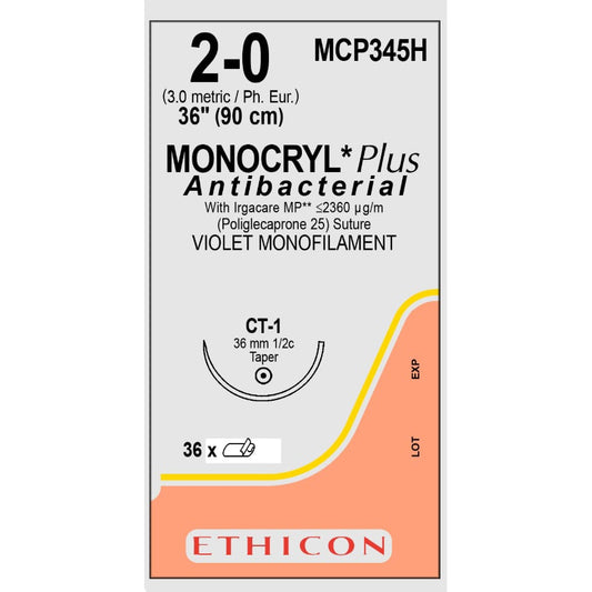 Monocryl Plus suture dyed 2/0 with 1/2 circle needle (90 cm)