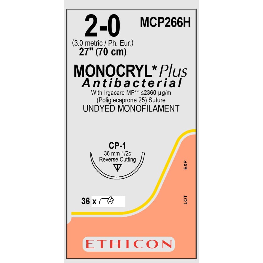 Monocryl Plus suture undyed 2/0 with 1/2 circle needle (70 cm)