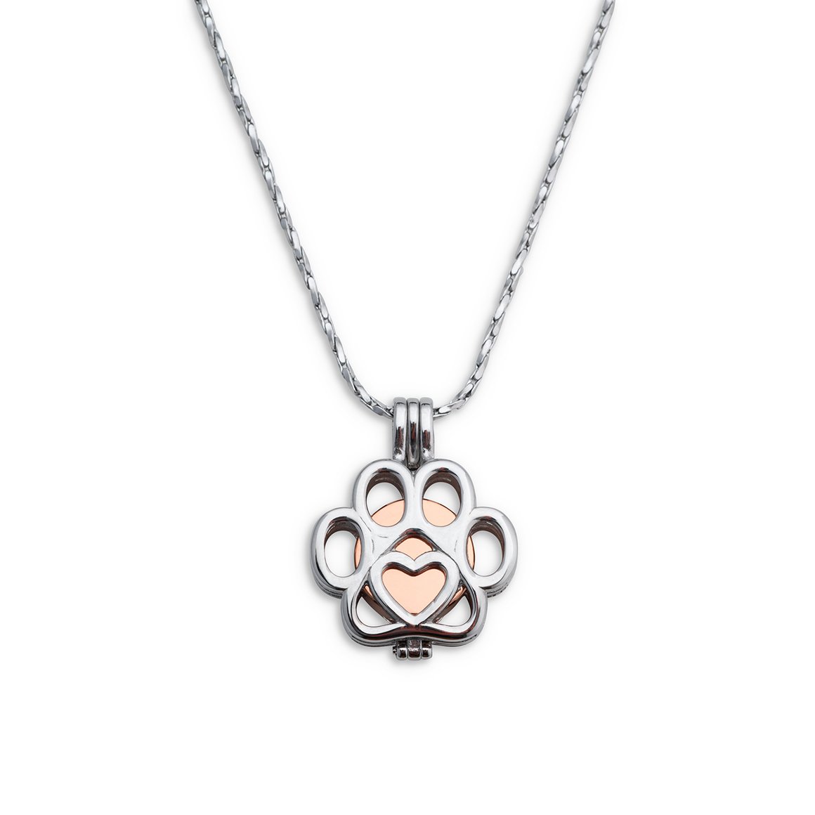 Cremation pendant - rose gold paw print cage