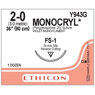 Monocryl suture 2/0 with 3/8 circle needle (90 cm)